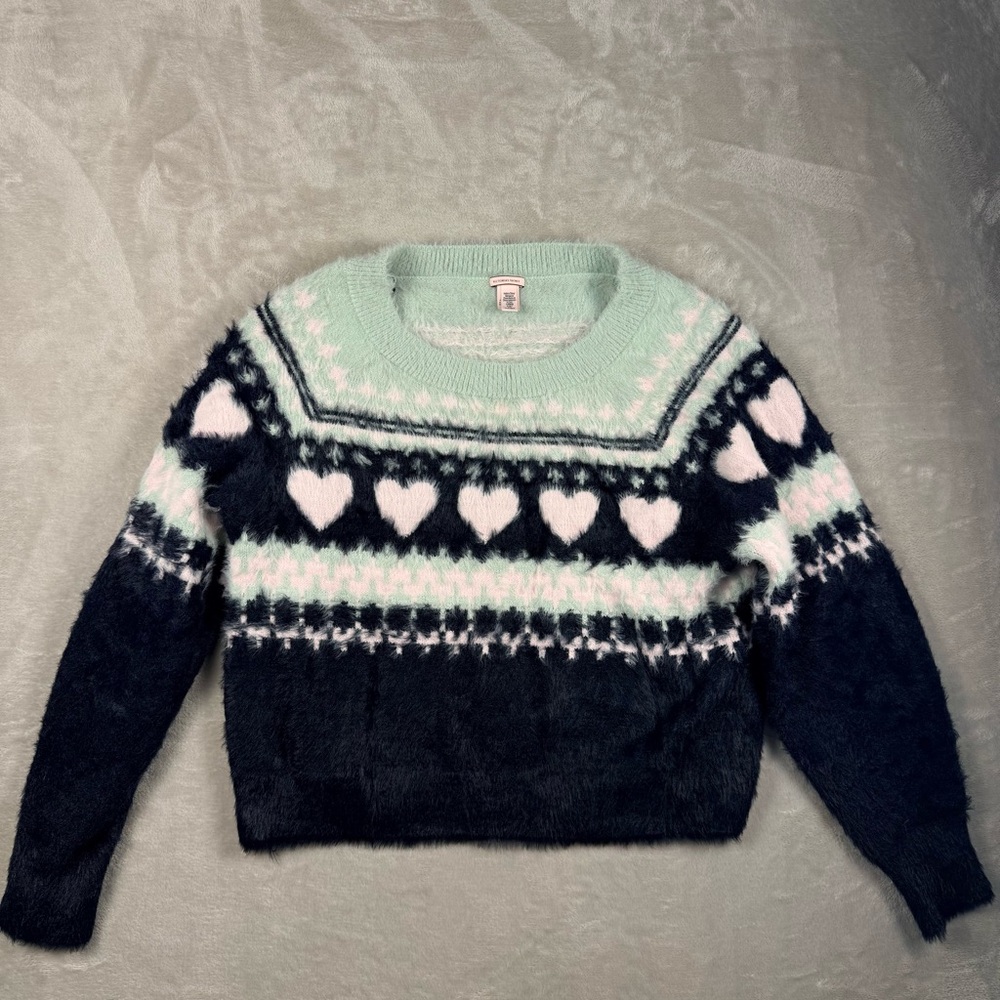 Victoria’s Secret Fuzzy Heart Fair Isle Sweater Mint Small Cozy Soft